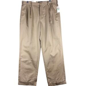 IZOD American Chino Pants Mens 34x32 Khaki Wrinkle Free Classic Double Pleat